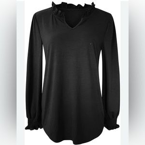 Women’s Large, Black, Ruffle V Neck, Shirred Cuff Blouse NWT